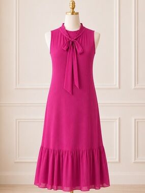 DKNY Berry Pleated A-Line Dress Size 8 NWT Sleeveless Tie Neck Ruffle Hem